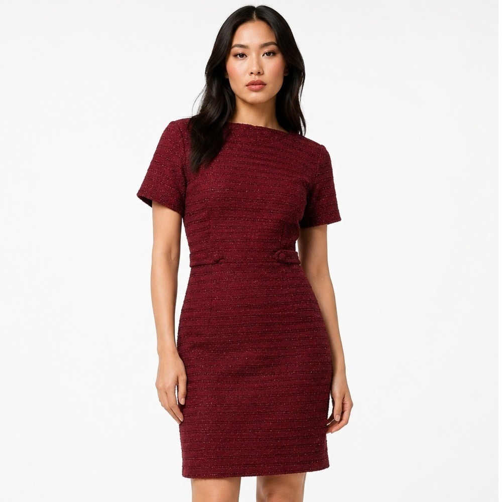41 Hawthorn Cornelia Knit Tweed Dress Burgundy Metallic Sheath‎ Medium Petite